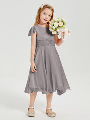 Tea Length Chiffon Junior Bridesmaid Dresses Silver