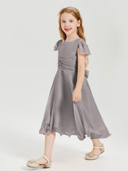 Tea Length Chiffon Junior Bridesmaid Dresses Silver