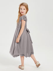 Tea Length Chiffon Junior Bridesmaid Dresses Silver