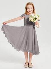 Tea Length Chiffon Junior Bridesmaid Dresses Silver