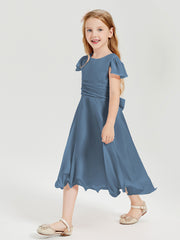 Tea Length Chiffon Junior Bridesmaid Dresses Slate Blue