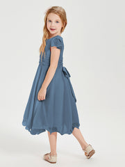 Tea Length Chiffon Junior Bridesmaid Dresses Slate Blue