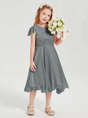 Tea Length Chiffon Junior Bridesmaid Dresses Steel Grey