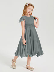 Tea Length Chiffon Junior Bridesmaid Dresses Steel Grey