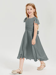 Tea Length Chiffon Junior Bridesmaid Dresses Steel Grey