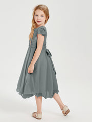 Tea Length Chiffon Junior Bridesmaid Dresses Steel Grey