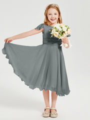 Tea Length Chiffon Junior Bridesmaid Dresses Steel Grey