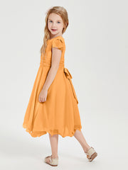 Tea Length Chiffon Junior Bridesmaid Dresses Tangerine