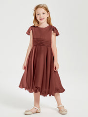 BABARONI Chiffon Terracotta Junior Bridesmaid Dresses A-line Scoop Flutter Sleeve Bow Pleated Tea-Length, Terracotta / J4