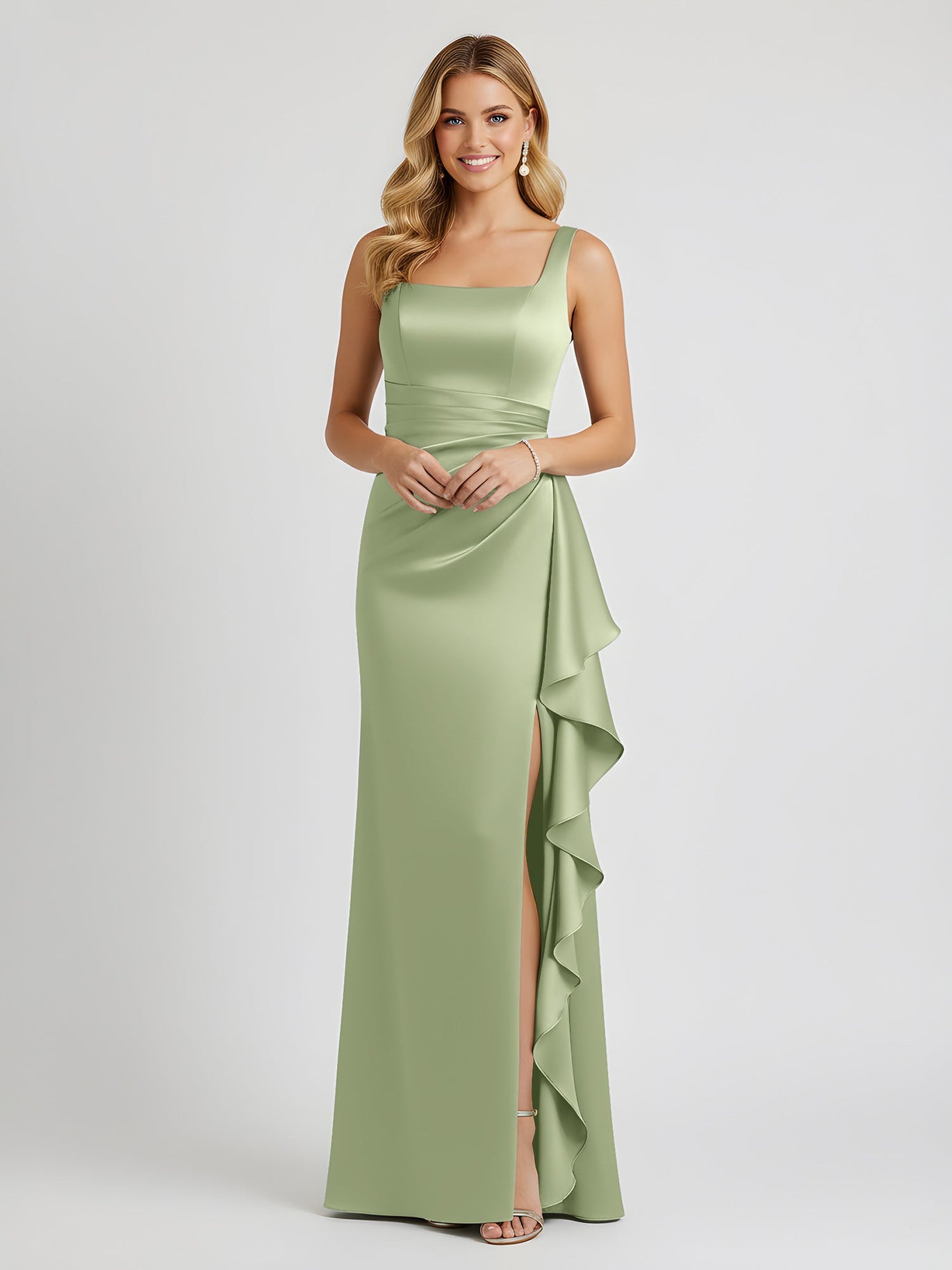 satin dusty sage bridesmaid dresses BABARONI Satin Dusty Sage Bridesmaid Dresses Square Floor-length Sleeveless  with Slit Ruffle Sheath