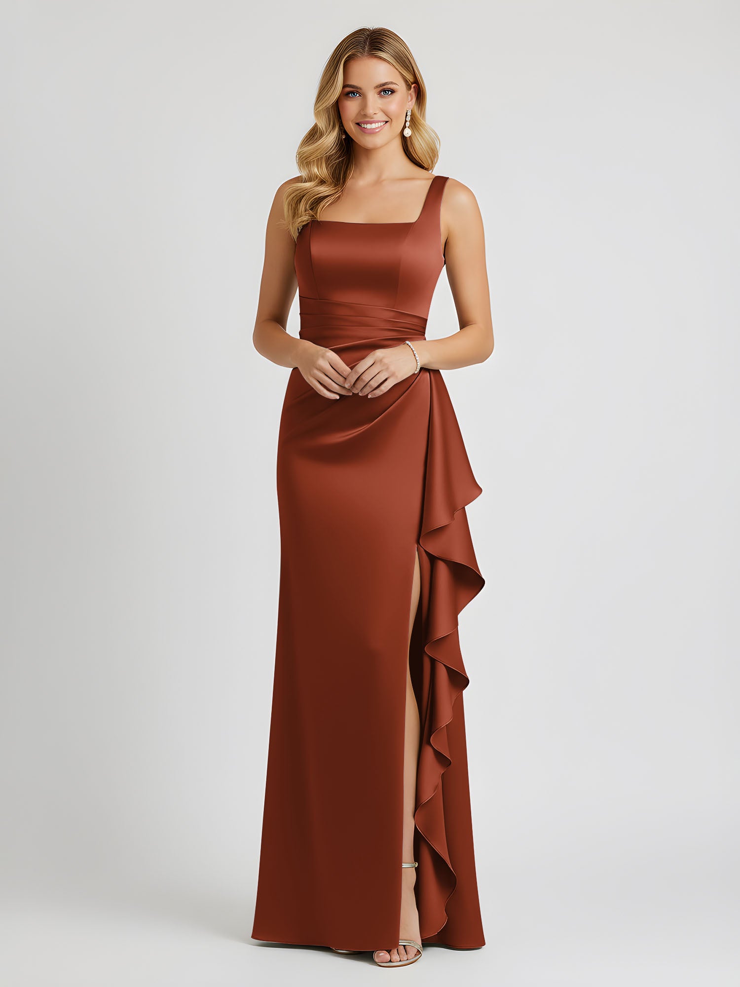 BABARONI Satin Rust Bridesmaid Dresses Square Floor-length Sleeveless ...