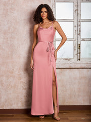 Sheath/Column Cowl Neck Floor-length Satin Dresses with Slit Flamingo