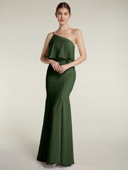 One Shoulder Mermaid Dresses with Slit Olive Green Plus Size
