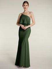 One Shoulder Mermaid Dresses with Slit Olive Green