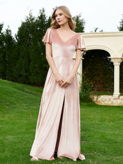V Neck Flutter Sleeves Velvet Dress with Slit Pearl Pink Plus Size