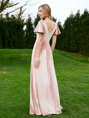 V Neck Flutter Sleeves Velvet Dress with Slit Pearl Pink Plus Size