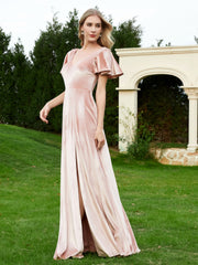 V Neck Flutter Sleeves Velvet Dress with Slit Pearl Pink