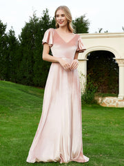V Neck Flutter Sleeves Velvet Dress with Slit Pearl Pink