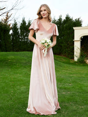 V Neck Flutter Sleeves Velvet Dress with Slit Pearl Pink