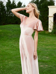 V Neck Flutter Sleeves Velvet Dress with Slit Pearl Pink