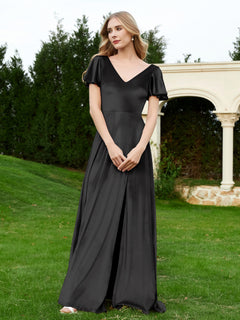 V Neck Flutter Sleeves Velvet Dress with Slit Black