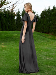 V Neck Flutter Sleeves Velvet Dress with Slit Black