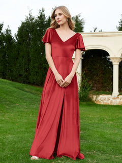 V Neck Flutter Sleeves Velvet Dress with Slit Burgundy