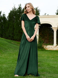 V Neck Flutter Sleeves Velvet Dress with Slit Dark Green