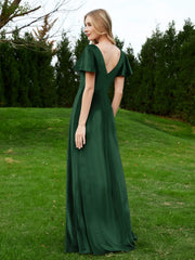 V Neck Flutter Sleeves Velvet Dress with Slit Dark Green