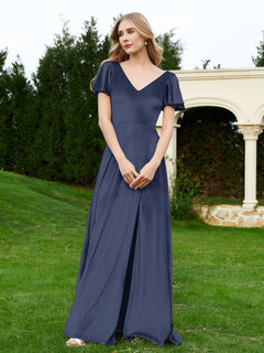 V Neck Flutter Sleeves Velvet Dress with Slit Dark Navy Plus Size