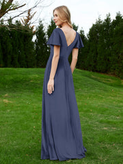 V Neck Flutter Sleeves Velvet Dress with Slit Dark Navy