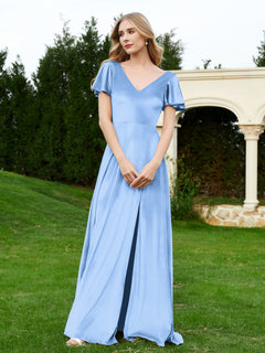 V Neck Flutter Sleeves Velvet Dress with Slit Dusty Blue