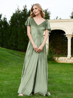 V Neck Flutter Sleeves Velvet Dress with Slit Dusty Sage