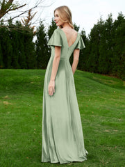 V Neck Flutter Sleeves Velvet Dress with Slit Dusty Sage