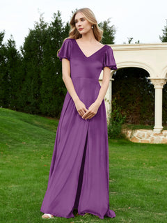 V Neck Flutter Sleeves Velvet Dress with Slit Grape Plus Size