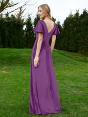 V Neck Flutter Sleeves Velvet Dress with Slit Grape