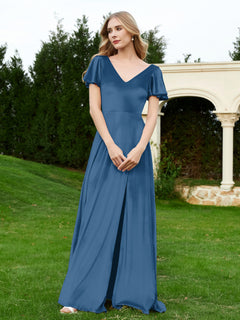 V Neck Flutter Sleeves Velvet Dress with Slit Ink Blue