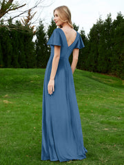 V Neck Flutter Sleeves Velvet Dress with Slit Ink Blue