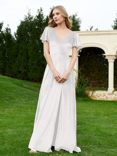 V Neck Flutter Sleeves Velvet Dress with Slit Ivory