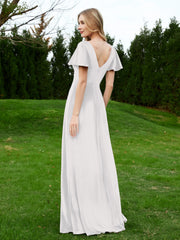 V Neck Flutter Sleeves Velvet Dress with Slit Ivory