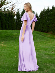 V Neck Flutter Sleeves Velvet Dress with Slit Lilac