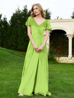V Neck Flutter Sleeves Velvet Dress with Slit Lime Green