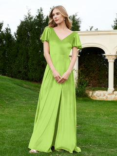 V Neck Flutter Sleeves Velvet Dress with Slit Lime Green Plus Size