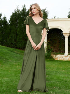 V Neck Flutter Sleeves Velvet Dress with Slit Olive Green