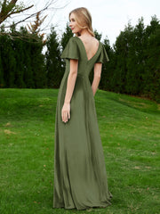 V Neck Flutter Sleeves Velvet Dress with Slit Olive Green