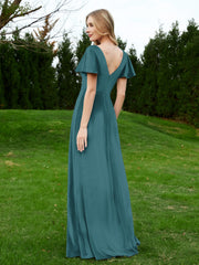 V Neck Flutter Sleeves Velvet Dress with Slit Peacock