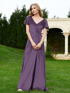 V Neck Flutter Sleeves Velvet Dress with Slit Plum Plus Size