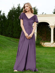 V Neck Flutter Sleeves Velvet Dress with Slit Plum