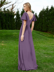 V Neck Flutter Sleeves Velvet Dress with Slit Plum