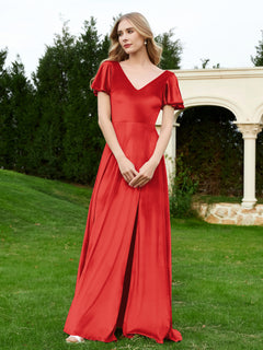 V Neck Flutter Sleeves Velvet Dress with Slit Red